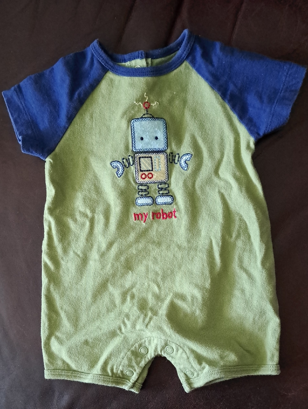 Carter's Green Baby Romper with Blue Raglan Sleeves and Robot Applique